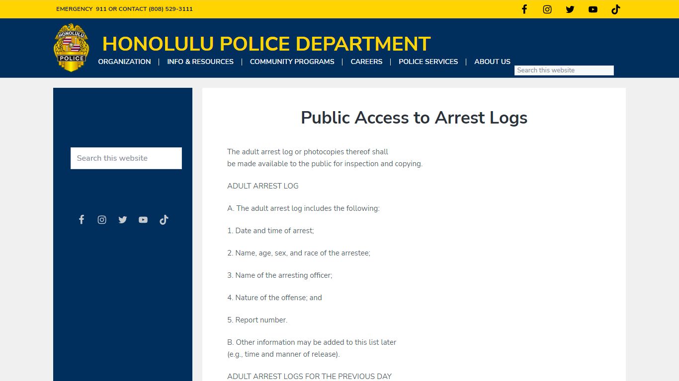 Public Access to Arrest Logs - Honolulu Police Department