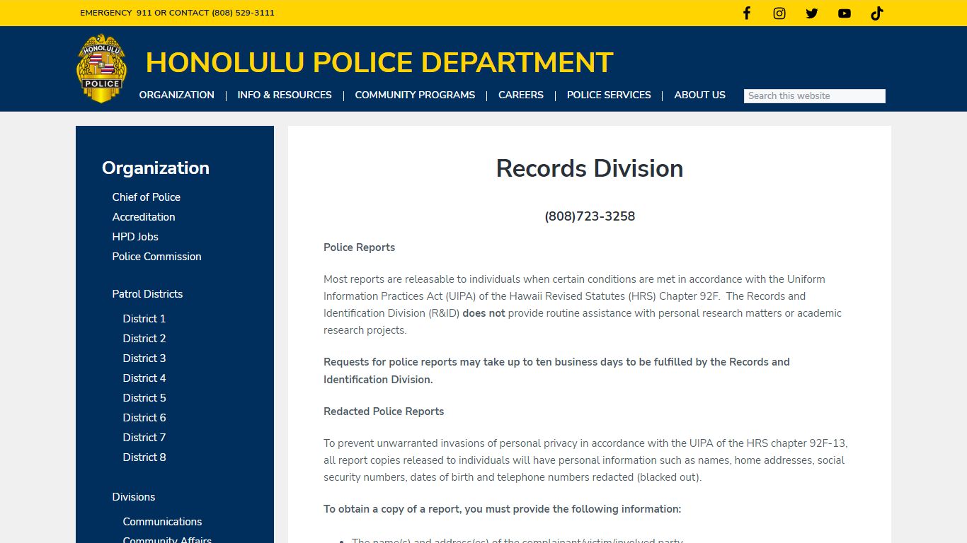 Records Division - Honolulu Police Department